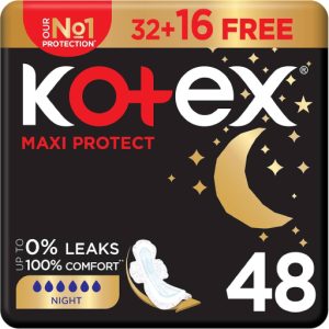 Kotex Maxi Protect 100% Cotton 0% Leaks 100% Comfort Night 32 + 16 Free (48 Pads)