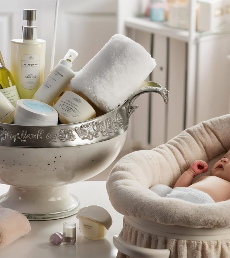vessel-with-body-care-products-roll-towels-washcloth-baby-hygiene